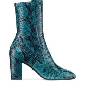 Stuart Weitzman “Fifer” Emerald Green Snake-Print Mid-Calf Block Heel Boots, 7.5